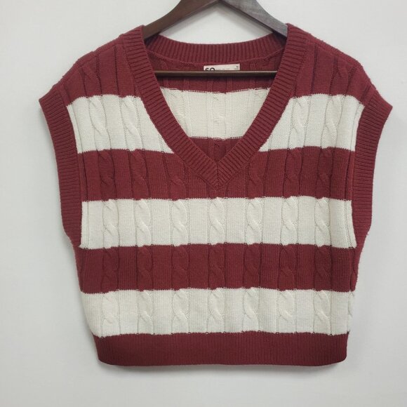 SO Womens Striped Cable Knit Cropped Sweater Vest Size M V Neck Tennis Preppy - Picture 1 of 9